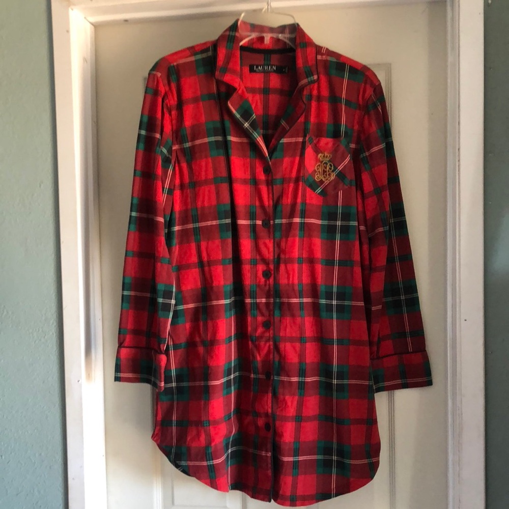Lauren Ralph Lauren Size M Red Plaid Monogram Pajama Top Night Shirt PJ’s